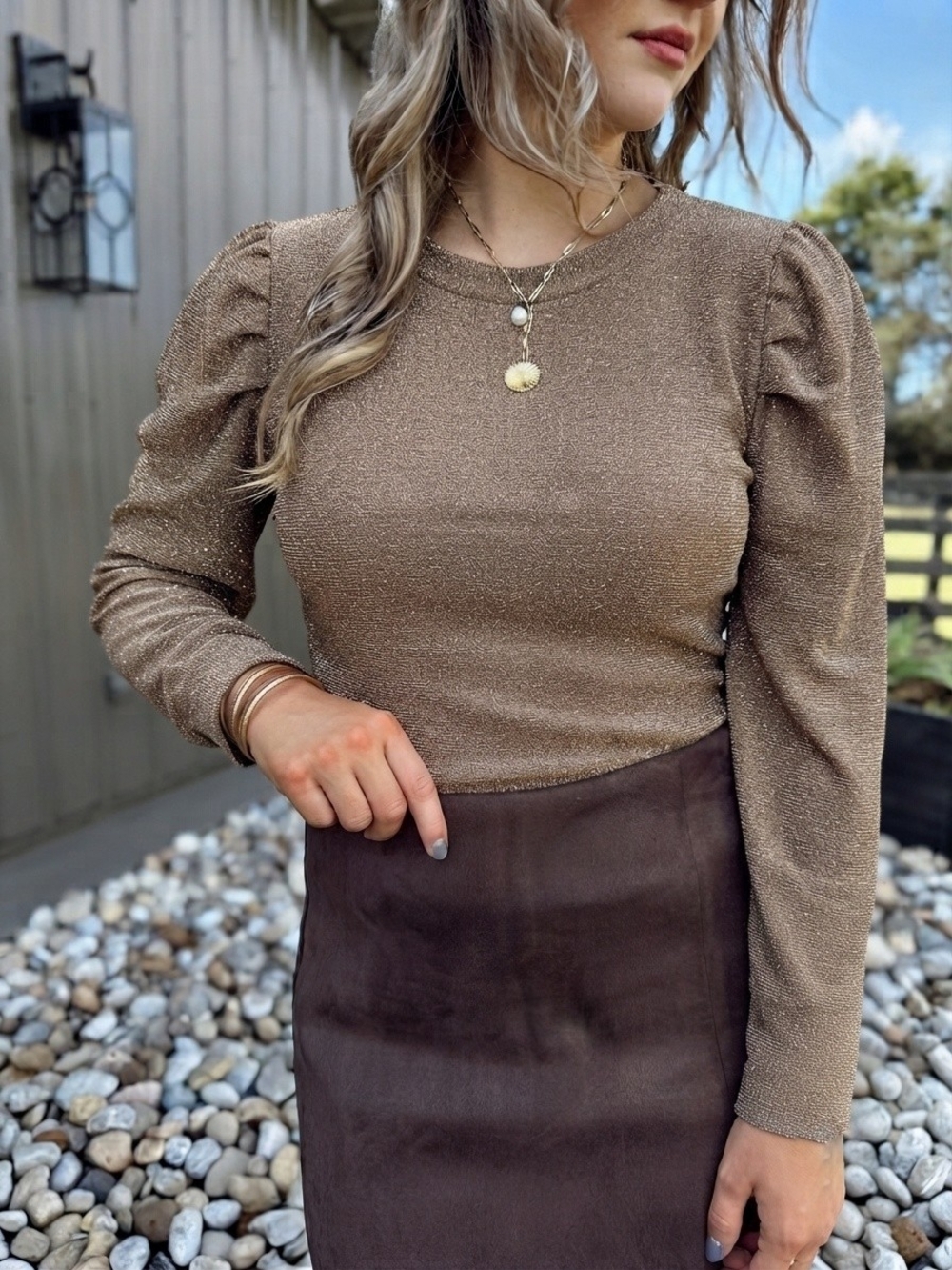 Bibi Long Sleeve Top Tan With Silver Specks Metallic Puff Sleeve Size Medium